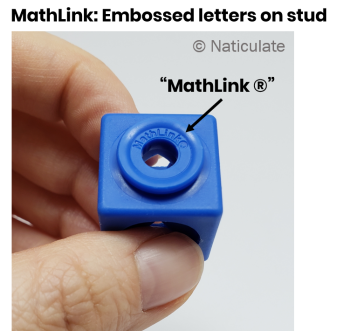 MathLink Cubes – close-up of stud Top of MathLink Cube stud with embossed words MathLinkR